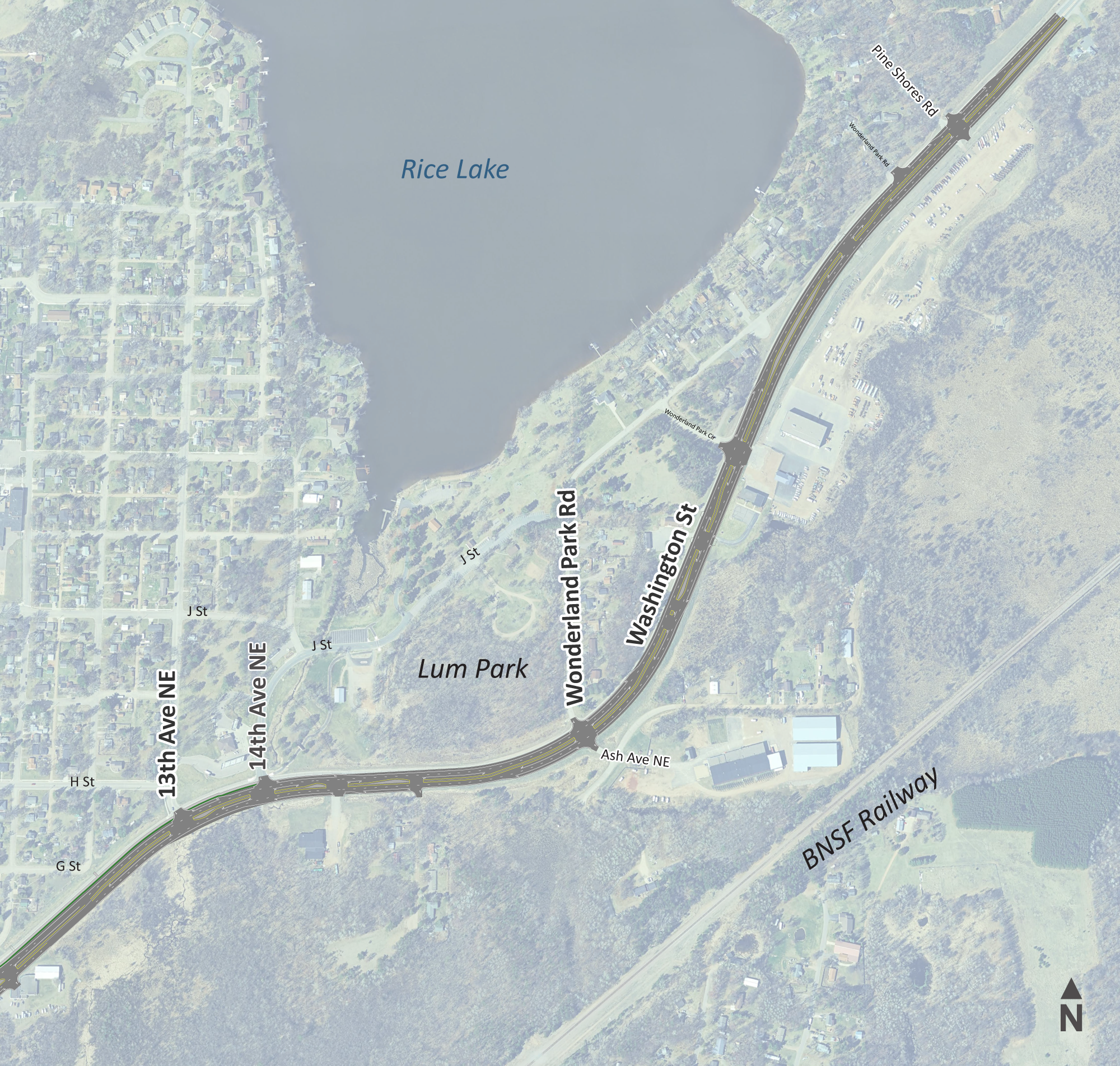 Hwy 210 Brainerd - East segment Hwy 210 design layout on top of aerial image E River Rd. to west of Kingwood St.
