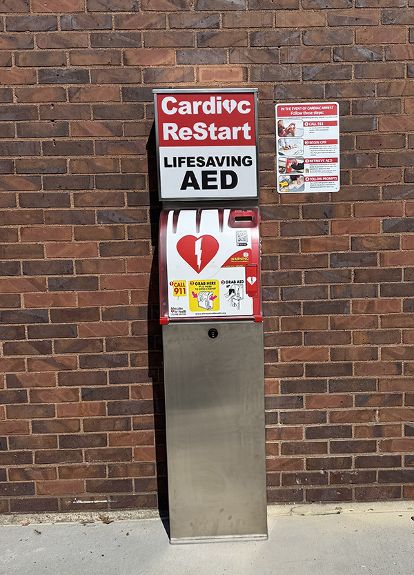 An automatic external defibrillator, with signage